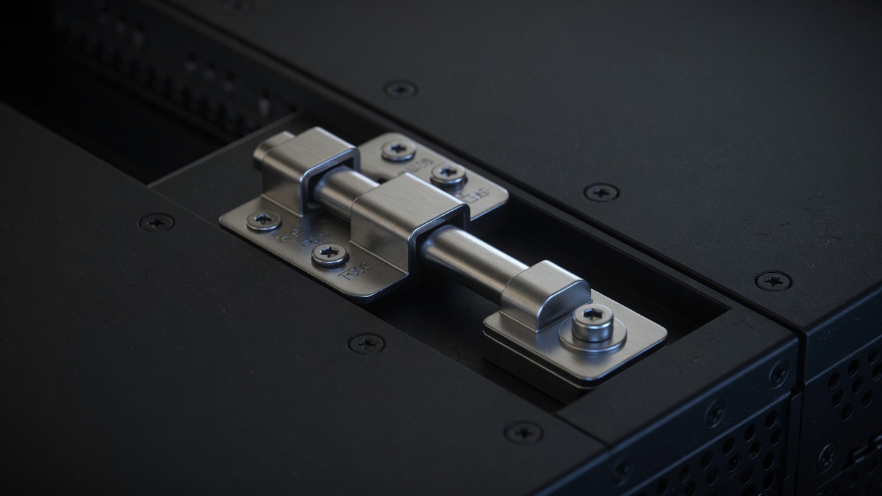 Closed steel latch on a dark chassis
